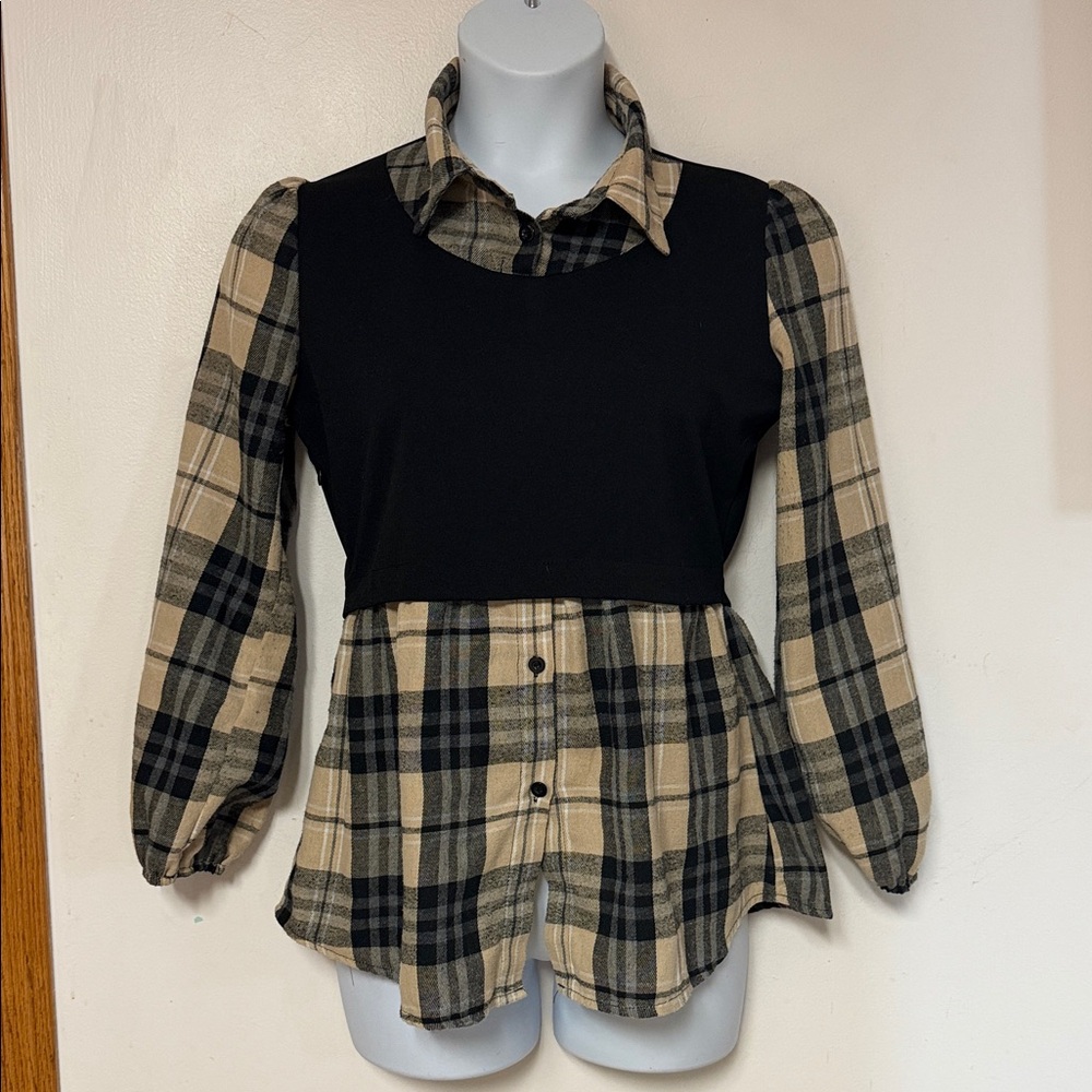 3/$15 Collared Mixed Media Casual Career Top Elastic Wrist 1-Pc Plaid Shirt Vest